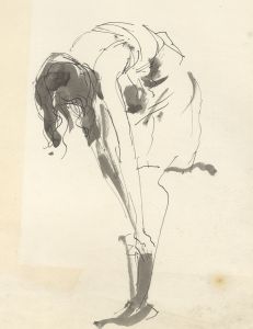 Peter Collins ARCA - c.1970s Pen and Ink Drawing, Woman Getting Dressed