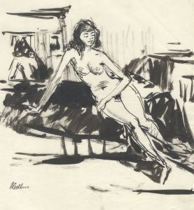 Peter Collins ARCA - Signed c.1970s India Ink, Nude on Bed