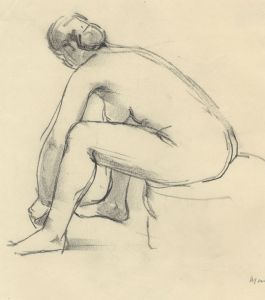 Peter Collins ARCA - c.1970s Charcoal Drawing, Seated Nude Bending Forward