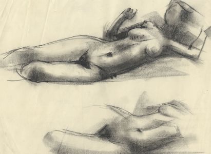 Peter Collins ARCA - c.1970s Charcoal Drawing, Studies of a Reclining Nude