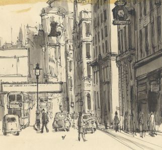 Peter Collins ARCA - c.1970s Pen and Ink Drawing, London Street Scene