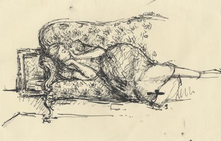 Peter Collins ARCA - c.1970s Pen and Ink Drawing, Woman Sleeping on Antique Sofa