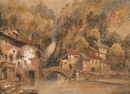 19th Century Watercolour - Alpine Landscape with Waterfall