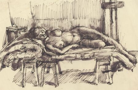 Peter Collins ARCA - c.1970s India Ink, Nude in an Interior