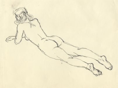 Peter Collins ARCA - c.1970s Pen and Ink Drawing, Nude Lying on Front