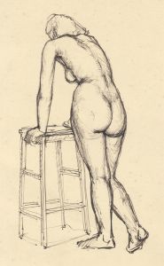 Peter Collins ARCA - c.1970s Pen and Ink Drawing, Nude Leaning on Stool