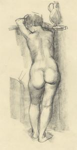 Peter Collins ARCA - c.1970s Charcoal Drawing, Standing Nude Leaning on Arms