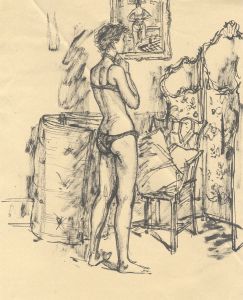 Peter Collins ARCA - c.1970s India Ink, Woman Undressing in an Interior