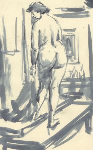 Peter Collins ARCA - c.1970s Pen and Ink Drawing, Female Nude in an Interior