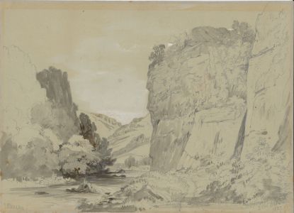 Edward Duncan (1803-1882) - Monochrome 1837 Watercolour, Rocky Landscape