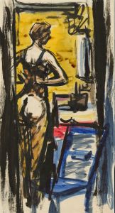 Peter Collins ARCA - Vibrant c.1970s Watercolour, Lady Undressing in Interior