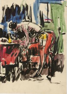 Peter Collins ARCA - Vibrant c.1970s Watercolour, Lady Undressing in Interior