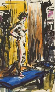 Peter Collins ARCA - Vibrant c.1970s Watercolour, Standing Nude in an Interior