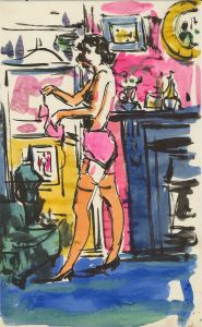 Peter Collins ARCA - Vibrant c.1970s Watercolour, Lady Undressing in Interior