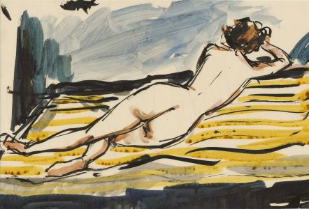 Peter Collins ARCA - Vibrant c.1970s Watercolour, Reclining Nude in an Interior