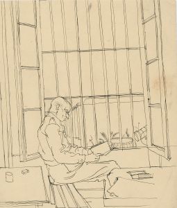 Peter Collins ARCA - c.1970s Pen and Ink Drawing, Military Man in an Interior