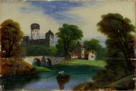 Late 19th Century Reverse Glass Painting - River Landscape with Castle