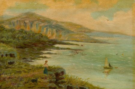 Late 19th Century Oil - Woman and Dog in Coastal Landscape