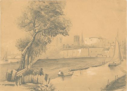 English School  19th Century Graphite Drawing - An English Town. possibly Durham