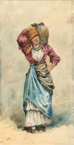 Vincenzo Loria (1850-1939) - Signed Watercolour, An Italian Washer Woman