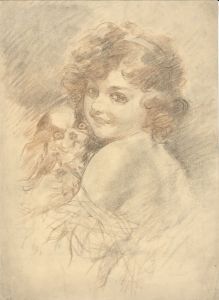 English School 19th Century Graphite Drawing - Portrait of a Girl and Her Dog