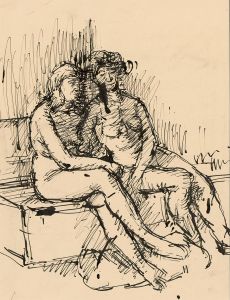 Peter Collins ARCA - c.1970s India Ink, Two Figures in an Interior