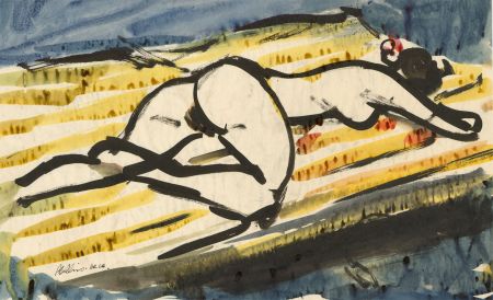 Peter Collins ARCA - Signed c.1970s Watercolour, Female Nude on Striped Towel