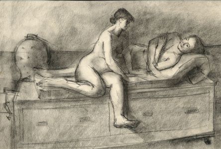 Peter Collins ARCA - c.1970s Charcoal Drawing, Nudes in an Interior