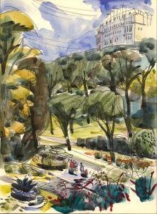 Paul Sharp ARCA RWS - 20th Century Watercolour, Landscape with Distant Buildings