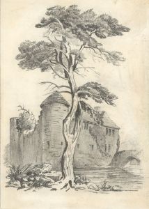 James Davey - Mid 19th Century Graphite Drawing, Tree and Building by a River
