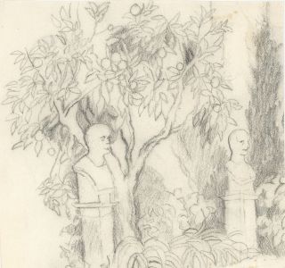 Barbara Dorf - Mid 20th Century Graphite Drawing, Busts in a Garden