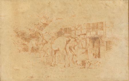 Monogrammed Late 19th Century Sanguine - Horses at a Tavern
