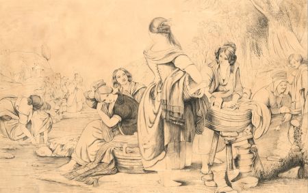Early 19th Century Pen and Ink Drawing - Women Washing Hair and Clothes