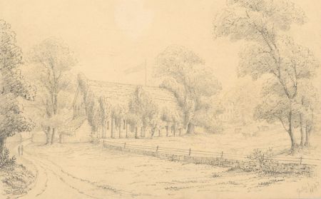 English School 1847 Graphite Drawing - Rural Scene with Church