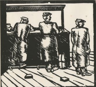 Contemporary Linoprint - Two Down and Outs and a Batchelor with His Laundry