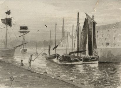 Alexander Blackwood - Monochrome Late 19th Century Watercolour, Harbour Scene