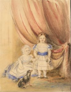 Mid 19th Century Watercolour - Portrait of Girls with a Dog