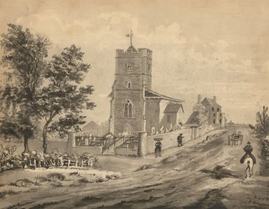 English School Monochrome 19th Century Watercolour - Street Scene with Church