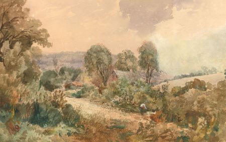 English School 1849 Watercolour - Autumnal Landscape with Figure in a Garden