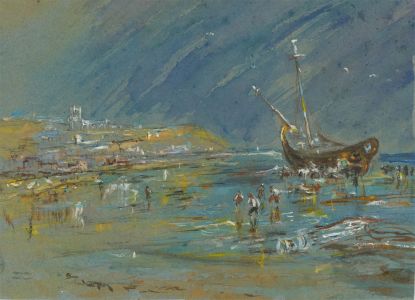 Signed Mid 20th Century Watercolour - Beach with Figures and Ship
