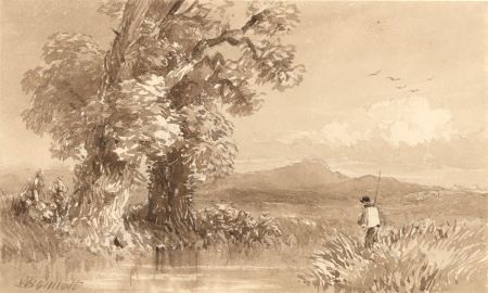 William Bennet (1811-1871) - Signed Sepia Watercolour, Fishing in a Landscape
