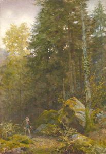 James Barnes (fl.1870-1901) - 1877 Watercolour, Old Man on a Woodland Path