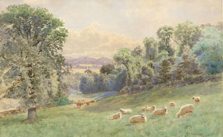 William Sidney Morrish (1844-1917)- 1890 Watercolour, Sheep Grazing in Landscape