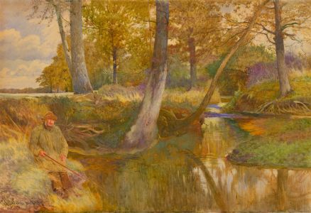 J. T. Anderson Dorking - Signed 1889 Watercolour, Fisherman on a River