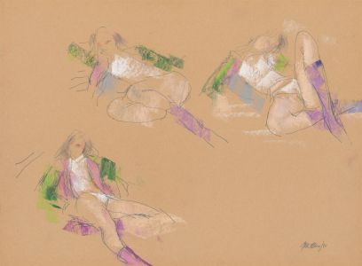 Peter Collins ARCA - Signed 1980 Crayon, Nudes in Green and Purple