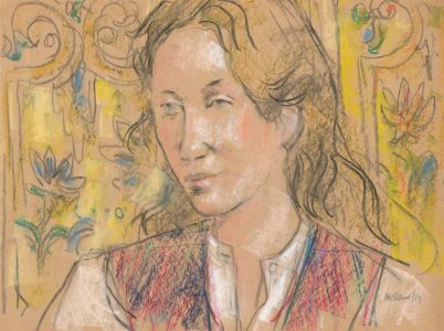 Peter Collins ARCA - Signed 1984 Crayon, Portrait of a Woman in an Interior
