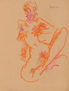 Peter Collins ARCA - Signed 1980 Crayon, Nude in Orange
