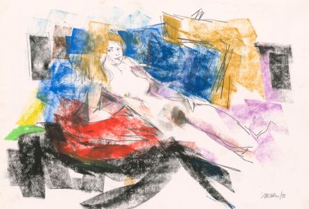 Peter Collins ARCA - Signed 1979 Crayon, Nude in Artist's Studio