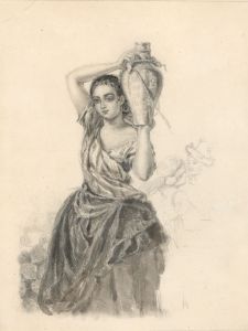 20th Century Graphite Drawing - Woman Carrying Water