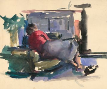 Peter Collins ARCA - c.1970s Watercolour, Woman Reclining on Sofa in an Interior